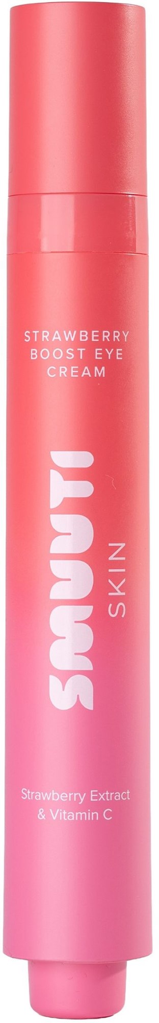 Een roze cilindervormige tube met oogcrème genaamd 'Strawberry Boost Eye Cream' met vitamine C en aardbeiextract.