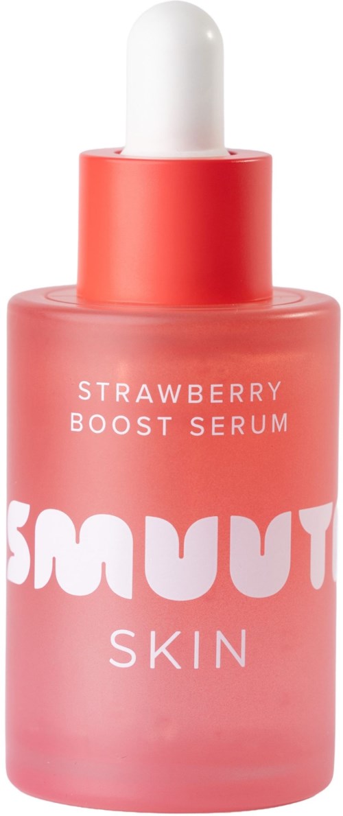 Een kleine roze fles met pipet, labeled 'Strawberry Boost Serum' voor huidverzorging.