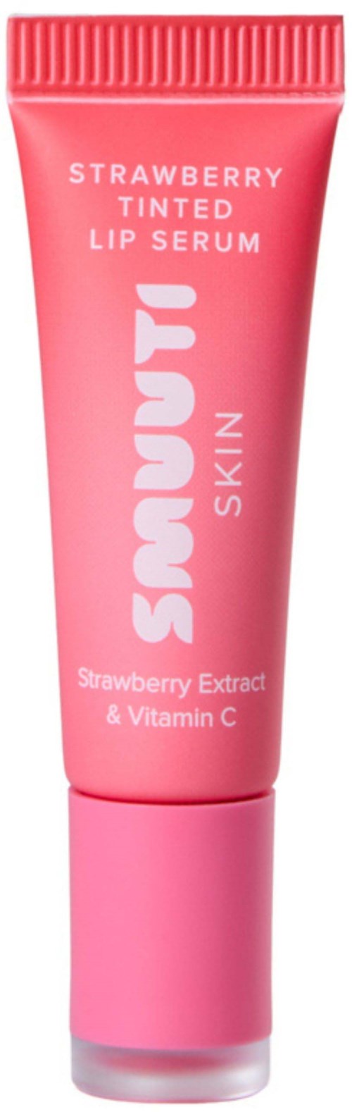Pink tub med Bodhi Strawberry Tinted Lip Serum med vitt text, framhäver jordgubbs extrakt och vitamin C.
