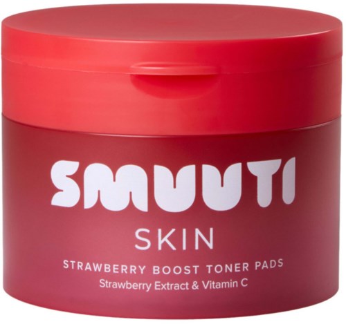 Röd behållare för Smuti Skin Strawberry Boost Toner Pads med text om jordgubbsutdrag och vitamin C.
