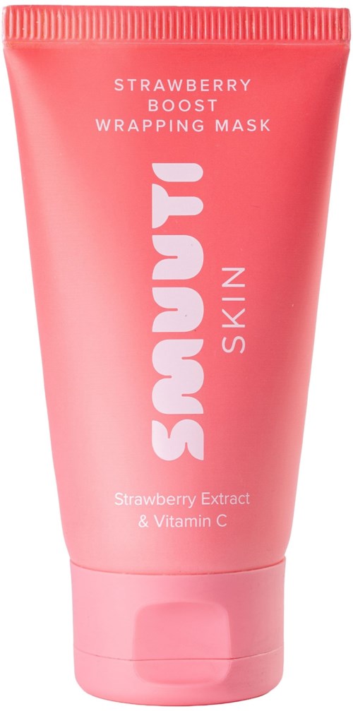 Roze tube met gezichtsmaske met aardbeiextract en vitamine C, met label 'Strawberry Boost Wrapping Mask.'