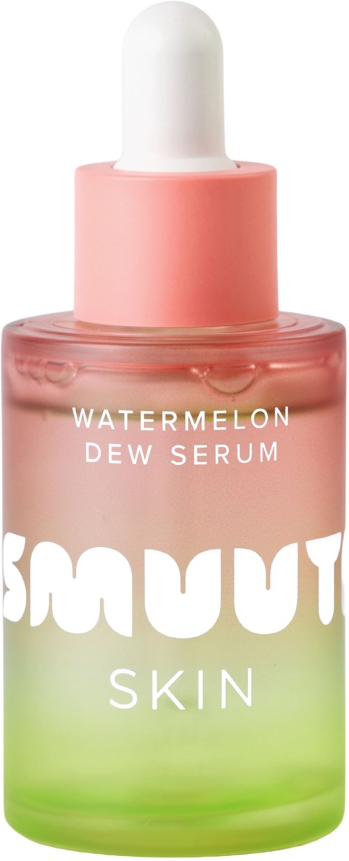 Een fles watermeloen dew serum met een witte druppelkop en roze en groen verloopontwerp.