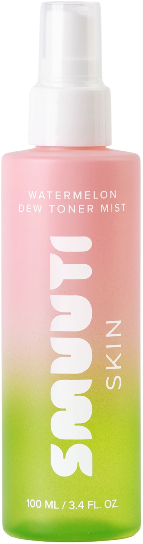 Pinkfarbene und grüne Flasche mit weißen Sprühkopf. Text auf Flasche lautet Watermelon Dew Toner Mist von Skyn.