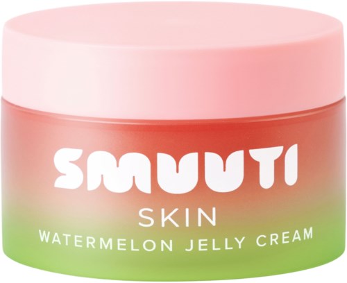 A pink and green jar of watermelón jelly cream with the brand name Saumuti and additional text.