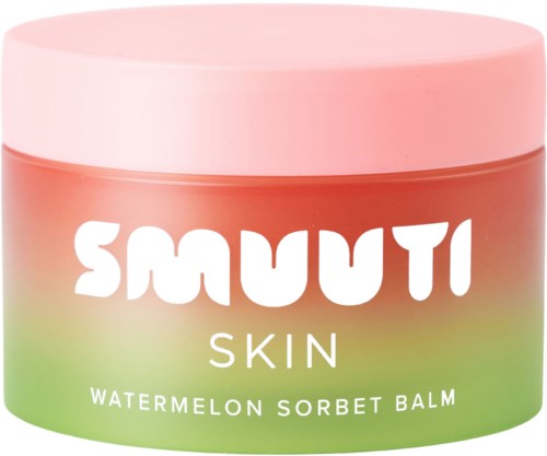 Rosa und grüne Behälter mit Smuti Skin Watermelon Sorbet Balm. Die Beschriftung hat große weiße Schrift.