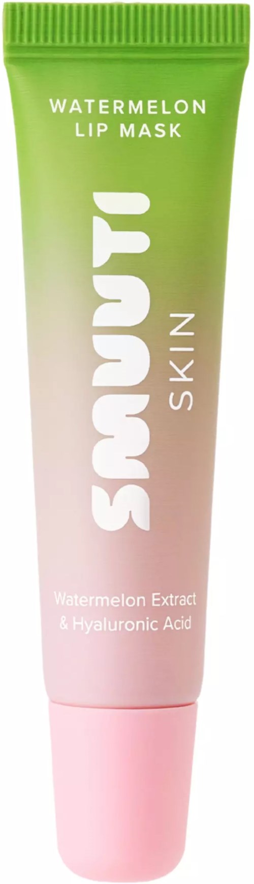 Grön och rosa tub med etikett Watermelon Lip Mask som innehåller vattenmelon och hyaluronsyra för huden.