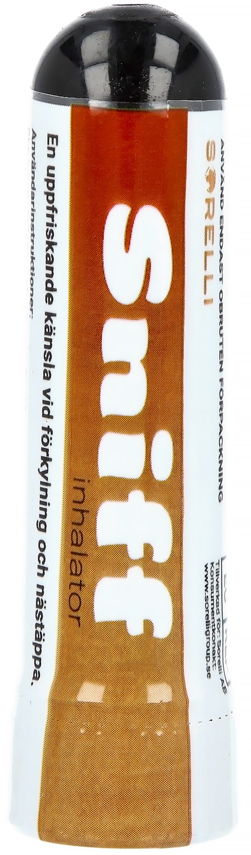 A small inhaler tube labeled 'Sniff' with an orange and white design, with black cap on top.