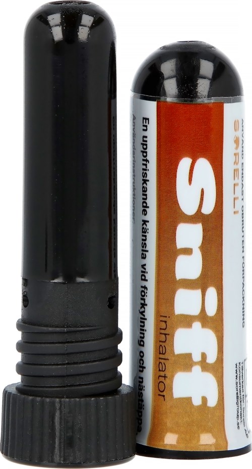 A small, orange and white inhaler labeled 'Sniff' with a black mouthpiece.