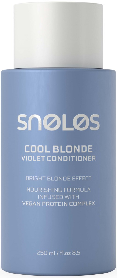 A blue bottle labeled 'SULO' contains violet conditioner for blonde hair, with a white cap and product details on the front.