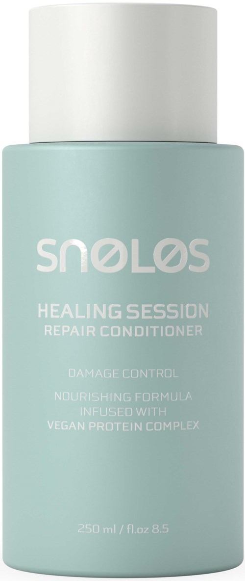 A light blue bottle with white cap, labeled SULOS Healing Session Repair Conditioner, 250ml, vegan protein formula.