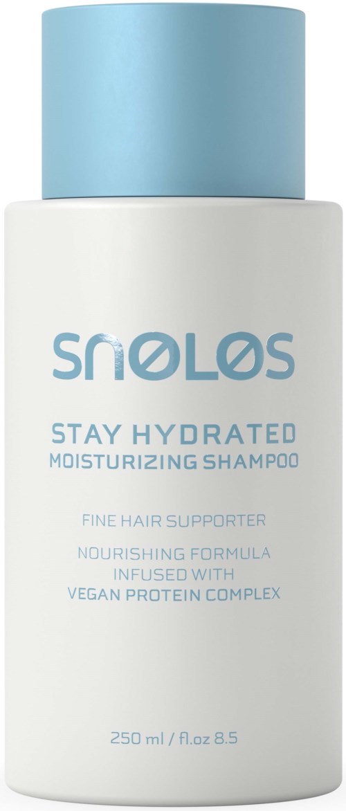 A white bottle of shower shampoo with blue cap, labeled 'Snoos Stay Hydrated Moisturizing Shampoo'.