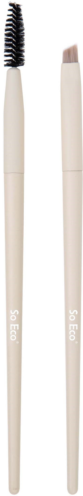 Två beige verktyg: ett med svart spoolie borste, ett med vit svamp spets för ögonbryn.