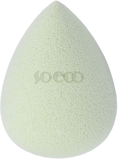 A white makeup sponge with the word 'YOGO' embossed on it, shaped like a teardrop.