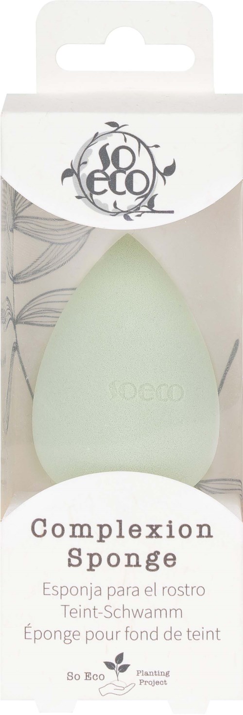 A green teardrop-shaped sponge in packaging labeled "Complexion Sponge" with eco-friendly branding.