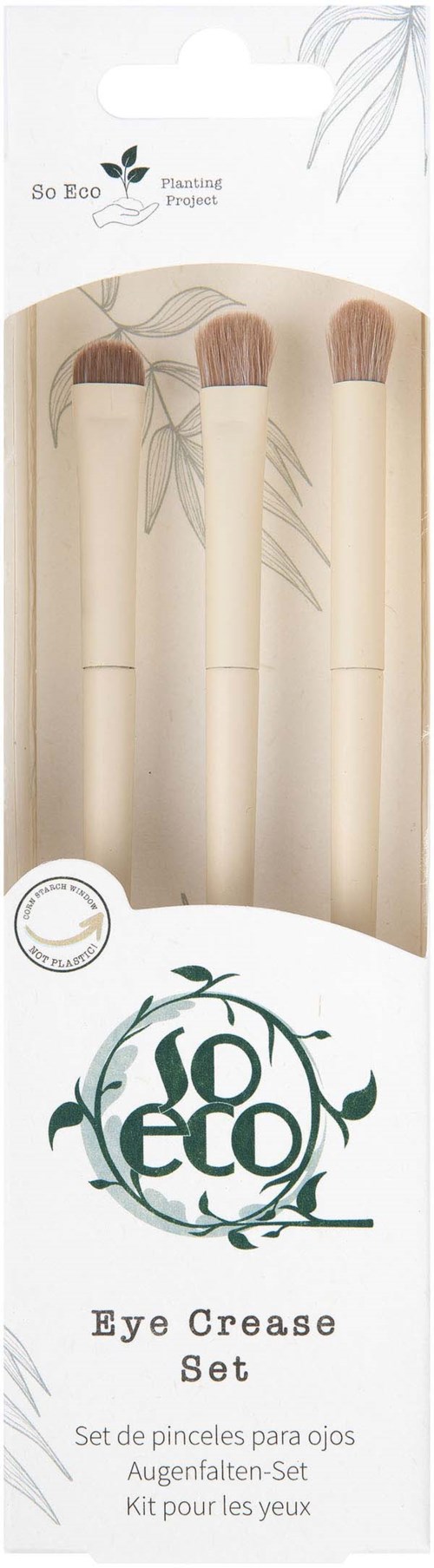 Three natural-colored makeup brushes in eco-friendly packaging with leaf illustrations and 'So Eco' branding.