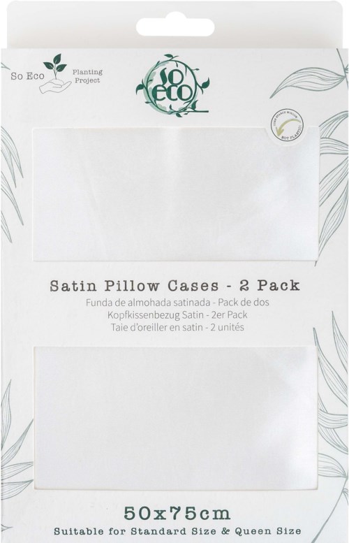 Two clear plastic satiny pillow cases in packaging with green eco-friendly branding and leaf illustrations.