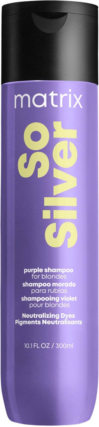 Eine lila Flasche Matrix So Silver Shampoo für Blondinen, neutralisiert Gelbtöne im Haar.
