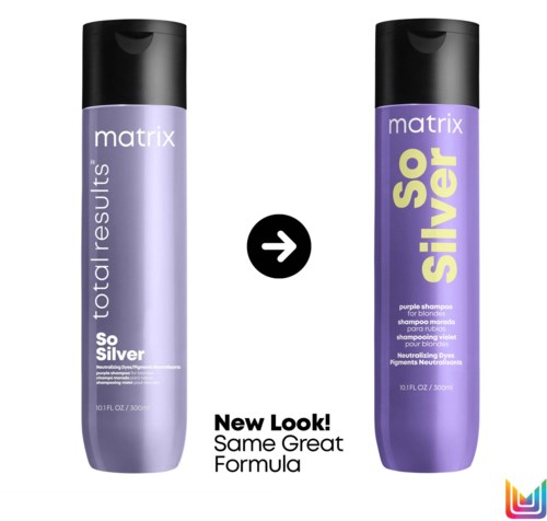 Zwei Shampooflaschen, eine mit 'total results so silver' und die andere mit 'so silver', zeigen ein neues Aussehen aber gleiche Formel.