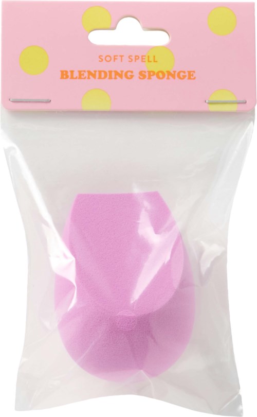 Een roze blending spons in plastic verpakking met een roze en gele polkadot papieren header.