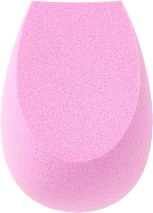 Een roze make-upspons met een ronde vorm en een textuurlabel oppervlak.