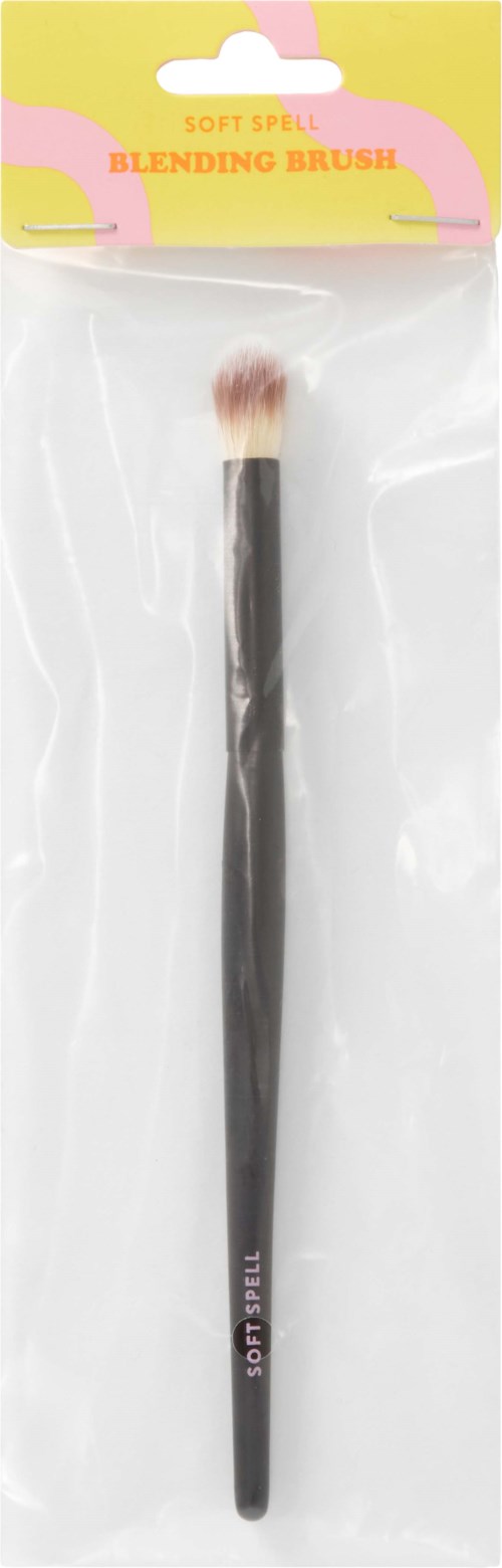 A soft blending makeup brush with a pink tip, in clear plastic packaging with pink and yellow label.