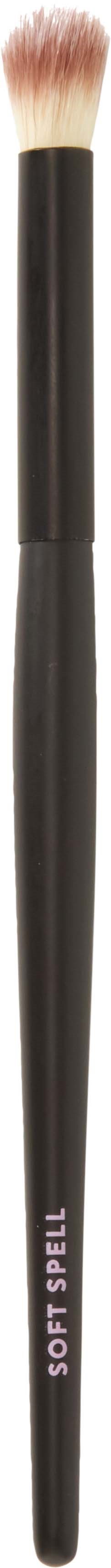A makeup brush with black handle and fluffy, pink-tipped bristles.
