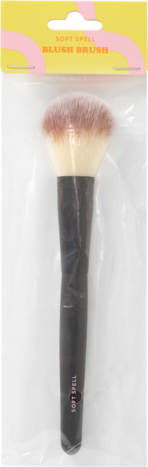 A makeup brush with a black handle and fluffy white and brown bristles in clear packaging.