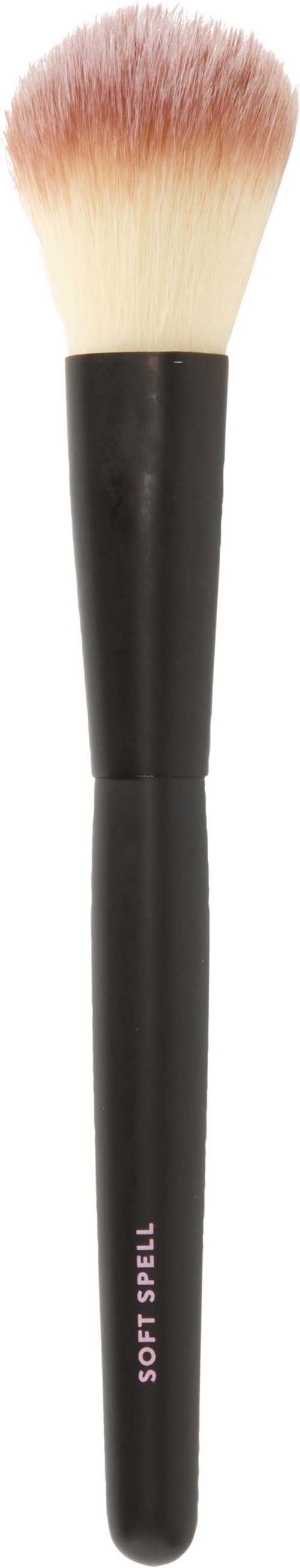 A makeup brush with a black handle and soft, fluffy bristles that are light at the tips.