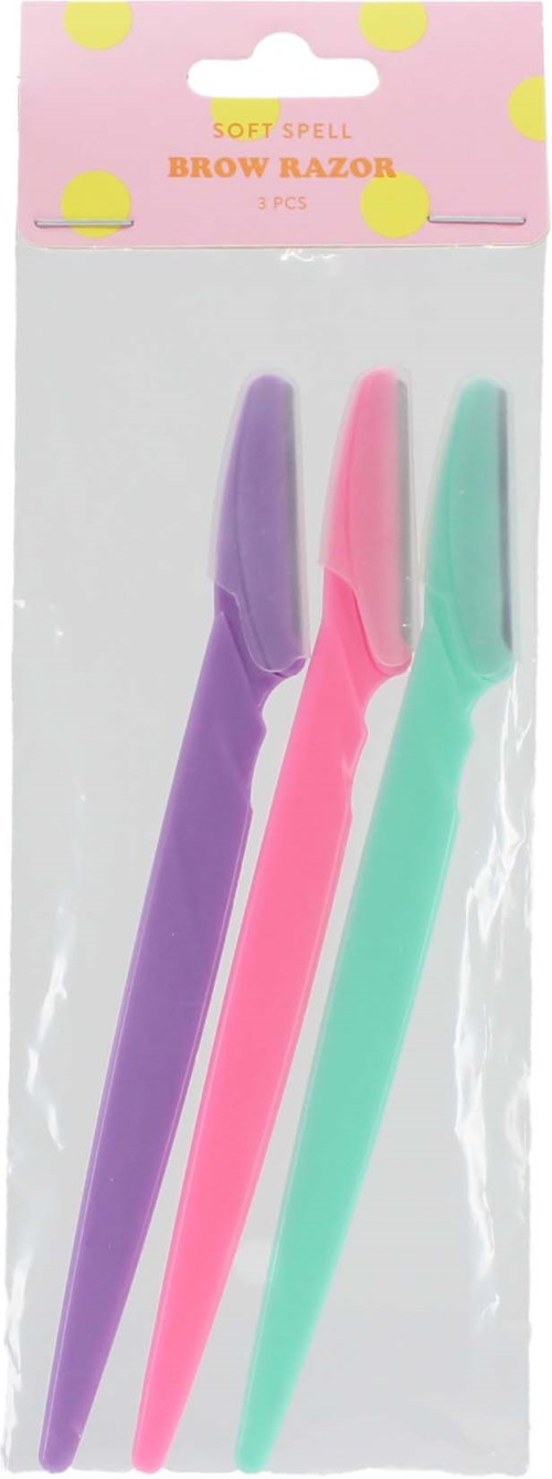 Set med tre mjuka ögonbrynsrazors i lila, rosa och blå i plastförpackning.