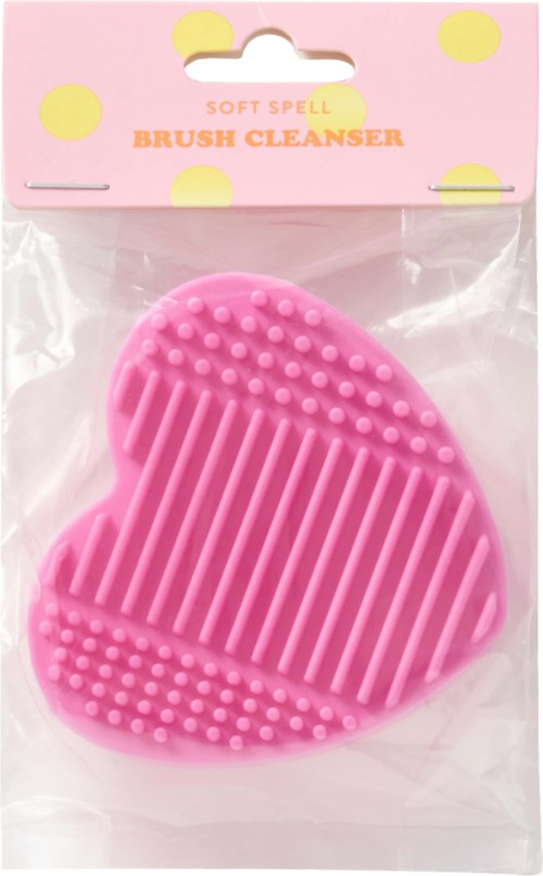 Roze zachte borstelreiniger met geribbelde oppervlakt, hartvormig, in doorzichtige plastic verpakking.