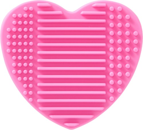 Roze hartvormige siliconen borstel met getextureerde haren voor reiniging.