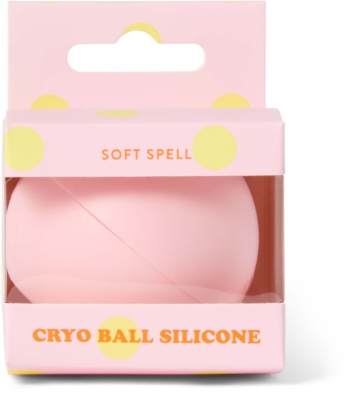 Pink silicone makeup sponge with the words Soft Spell and Cryo Ball Silicone on the packaging.
