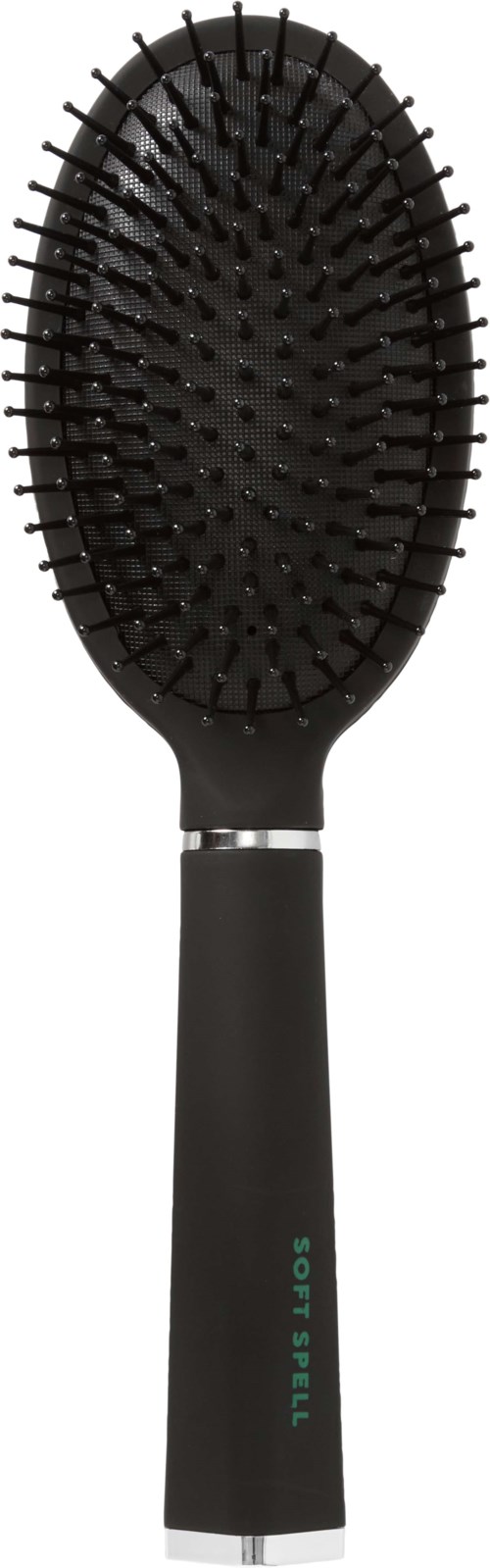 Eine schwarze ovale Haarbürste mit flexiblen Borsten, Griff und der Aufschrift "SOFT FLEX".