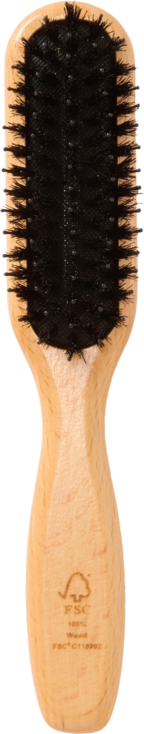 Eine Bürste mit Holzgriff und schwarzen Borsten, vermutlich zur Haar- oder Tierpflege.