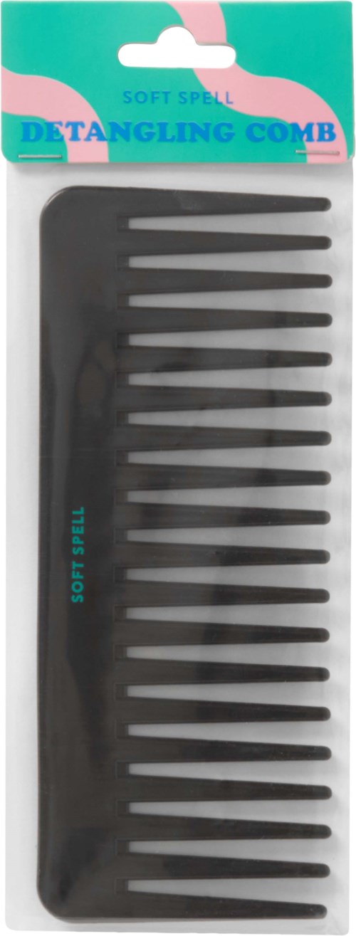 A black detangling comb in clear plastic packaging with colorful top label and text.