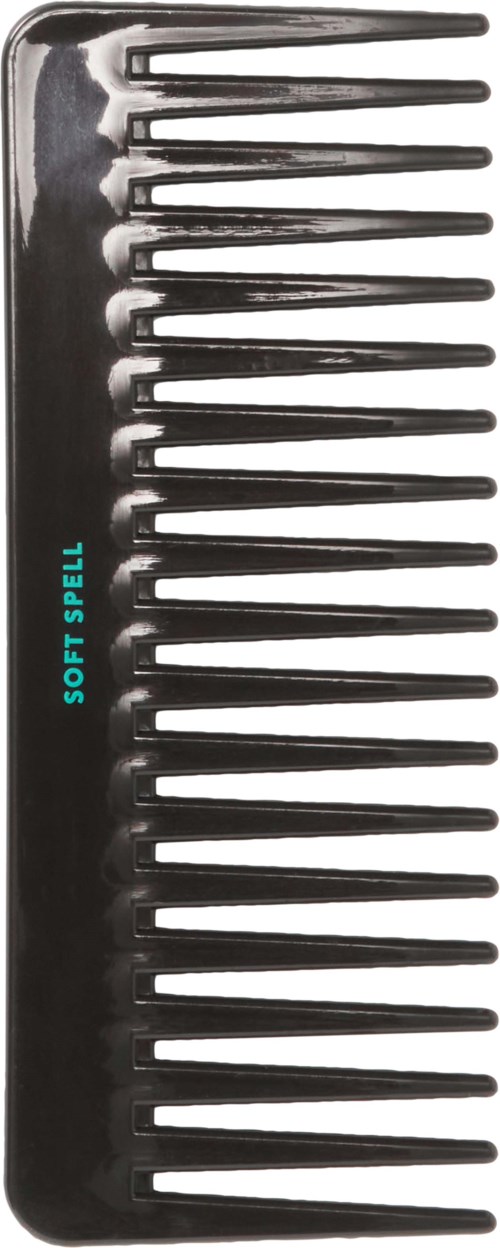 A black hair comb with wide teeth and blue text saying 'SOFT SPELL' on the side.