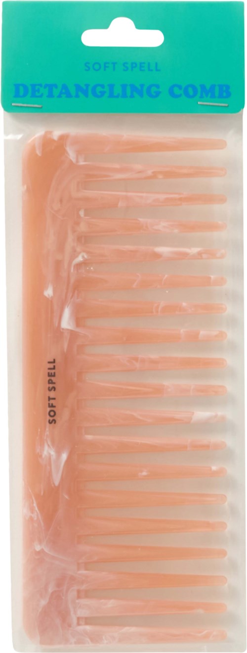 En pakke inneholder en rosa plastkam merket 'Soft Spell Detangling Comb' med blå topp.