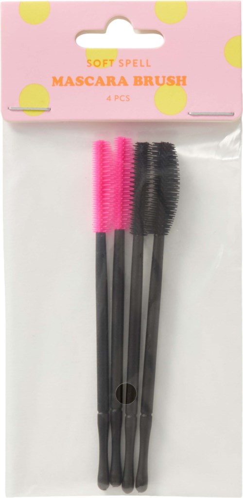 Four soft mascara brushes in pink and black with long handles, in a plastic package.