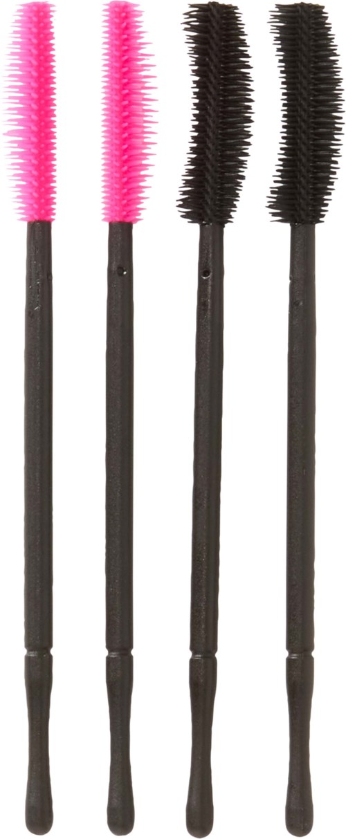 Four cleaning brushes with pink and black bristles and black handles.