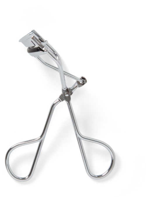 A metal eyelash curler with handles and a curling pad at the top.