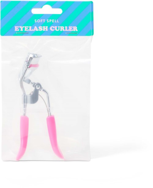 En liten rosa ögonfransböjare med metalldelar i plastförpackning.