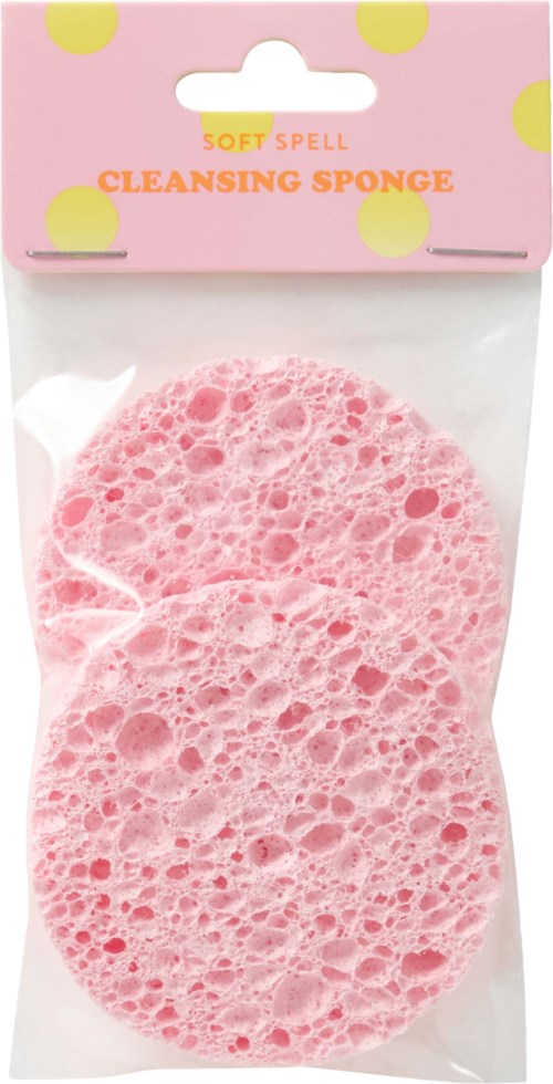Zwei rosa weiche Schwämme in klarer Plastikverpackung mit rosa und gelber Beschriftung.