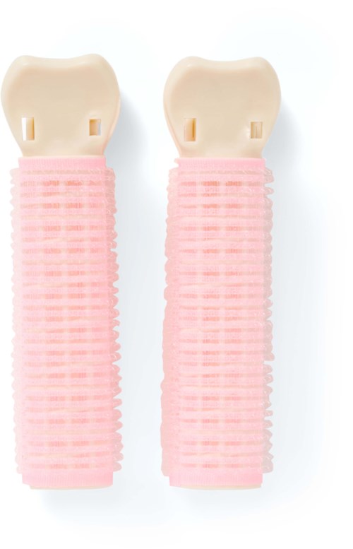 Two pink hair curlers with beige clips inside, placed side by side against a white background.