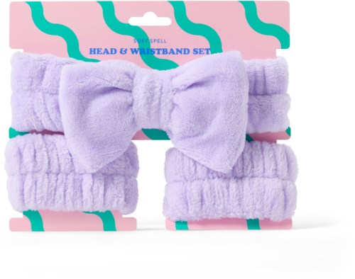 Purple headband with a large bow, set includes two matching wristbands, soft and fluffy material.