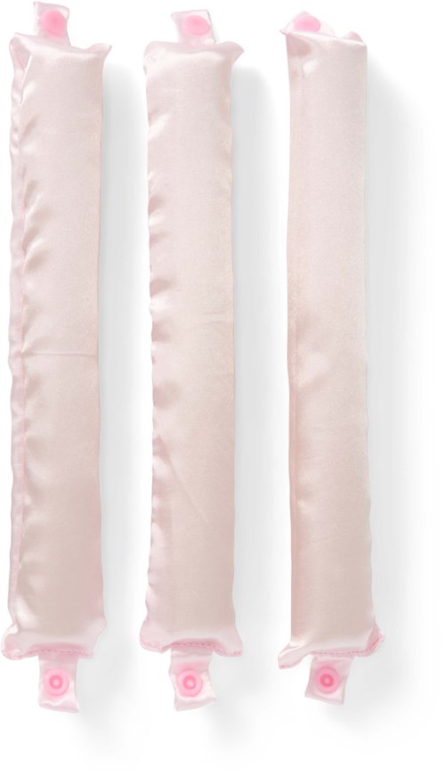 Three pink satin ribbons with pink clips, aligned vertically on a white background.