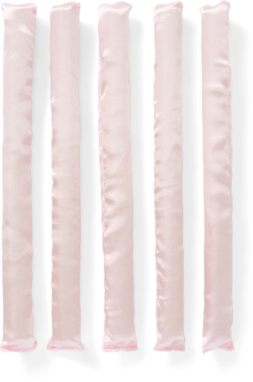 Six strips of pink and white candy, smooth and shiny, aligned vertically against a white background.