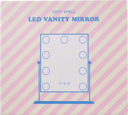 Design sketch of an LED vanity mirror with lights around the edge and a stand.