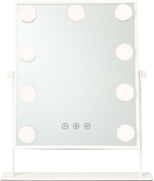 A white mirror with round bulbs around the edges and buttons on the bottom. It is standing on a surface.