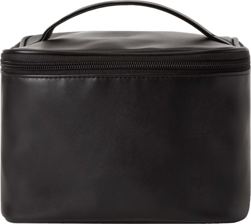 A black rectangular bag with a handle and zipper, used for carrying personal items or cosmetics.