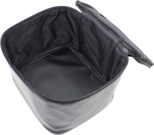 Open black bag with interior compartments, zipper pocket, and adjustable strap.